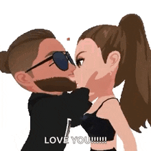 a man and a woman are kissing and the woman is wearing sunglasses .