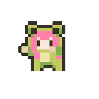 a pixel art of a frog with pink hair .