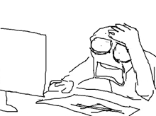 a black and white drawing of a man sitting in front of a computer .