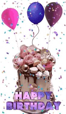 a birthday cake with balloons and confetti and the words happy birthday written on it