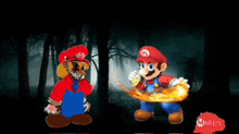 two mario characters are standing next to each other in a forest .