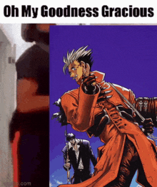a man in an orange coat is holding a sword next to a man in a suit
