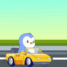 a cartoon penguin is driving a yellow car on a road