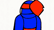 a cartoon drawing of a blue ninja with a red shield on his head