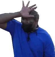a man wearing a blue shirt and a mask covering his eyes