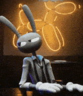 a cartoon rabbit is sitting at a table in front of a neon sign that says balloons .