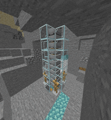 a screenshot of a minecraft game with a staircase and a waterfall