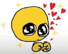 a drawing of a yellow smiley face with hearts coming out of it 's eyes .