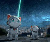 two cartoon cats are sitting on a rooftop looking up at the stars