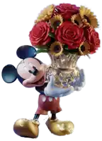 a statue of mickey mouse holding a vase of red roses and sunflowers