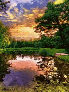 a painting of a lake with trees and a sunset in the background by akela 73