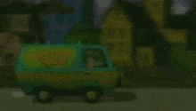 a cartoon scooby doo van is driving down a street in front of a city .