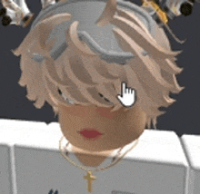 a close up of a girl 's face with a necklace and a cross .