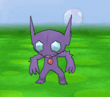 a purple monster with blue eyes is standing in a green field