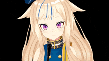 a girl with long blonde hair and purple eyes wears a blue and gold outfit
