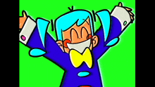 a cartoon character with blue hair and a yellow bow tie is standing with his arms outstretched on a green background .