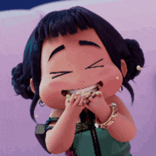 a cartoon girl with her eyes closed eating a piece of food