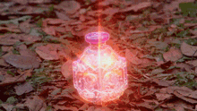 a purple bottle with a red light coming out of it is surrounded by leaves