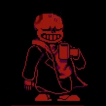 a pixel art drawing of a skeleton in a suit holding a cup .