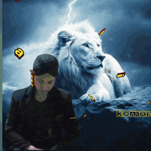 a man stands in front of a white lion and the word komor is on the bottom