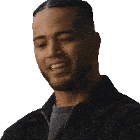 a man in a black jacket says " you okay " on a white background