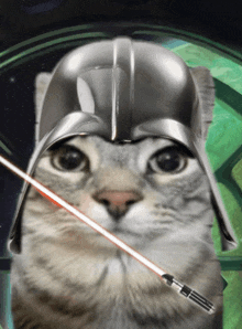 a cat wearing a helmet and holding a light saber