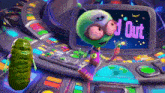 a pickle is standing in front of a screen that says good out