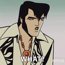 a cartoon of elvis presley with the words what written below him