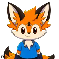 a cartoon fox wearing a blue shirt with the word fox on the bottom right