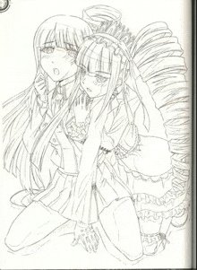 a black and white drawing of two anime characters