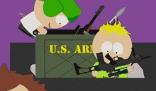 a cartoon character holding a gun in front of a u.s. army box