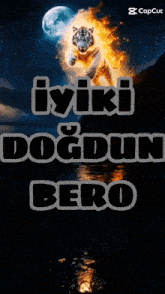 a picture of a fire tiger with the words iyiki dogdun bero below it