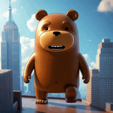 a cartoon bear is standing on a balcony in front of a city skyline