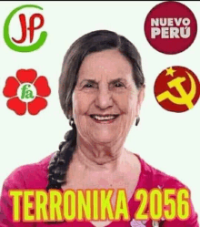 an elderly woman is smiling in front of a white background with political logos .