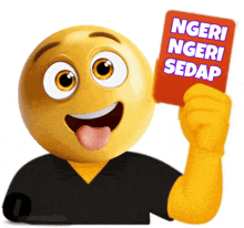 a smiley face is holding a red card that says " ngerti ngerti sedap "