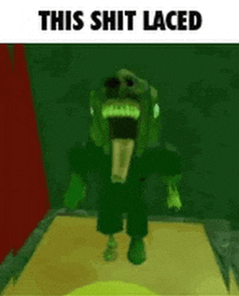 a green monster with a tongue sticking out is standing in a room .