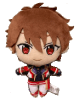 a stuffed toy of a brown haired anime character with red eyes .