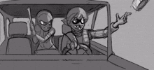 a black and white drawing of two cartoon characters in a car .