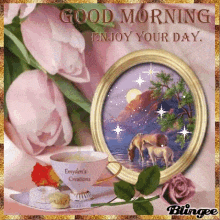 a greeting card that says good morning enjoy your day with a picture of horses