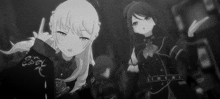 a black and white photo of two anime girls in a dark room .