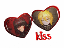a couple of hearts with the word kiss in the middle