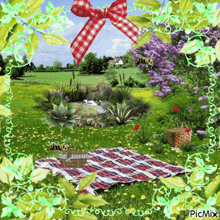 a picture of a picnic with a red and white checkered bow and the words picmix on the bottom