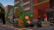 a cartoon of a man in a green suit kneeling down