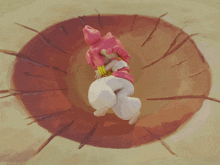 a cartoon character with pink hair and white pants is in a hole in the ground