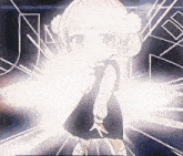 a little girl in a black dress is standing in a dark room with a glowing light behind her .