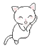 a pixel art drawing of a white cat with pink ears laying down .