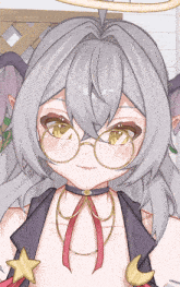 a close up of a girl with glasses and a star on her chest