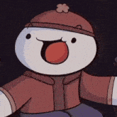 a close up of a cartoon character wearing a red hat and a jacket .