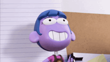 a cartoon character with a purple head and blue hair is giving a thumbs up