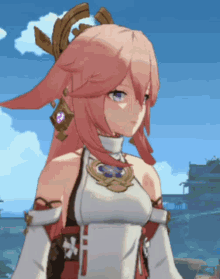 a girl with pink hair is wearing a white top and gloves